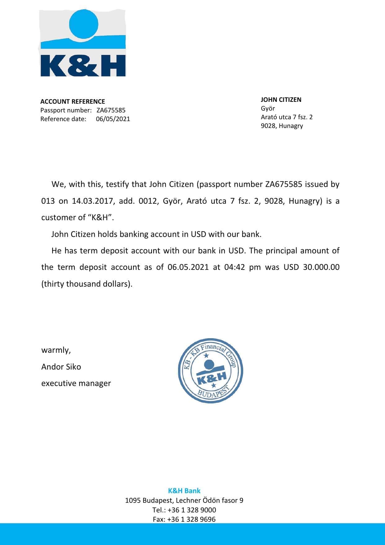 Hungary K&H bank reference letter template in Word and PDF format Hungary K&H bank reference letter template in Word and PDF format