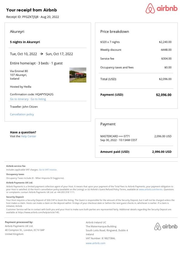 Iceland Airbnb Iceland Airbnb booking confirmation Word and PDF template