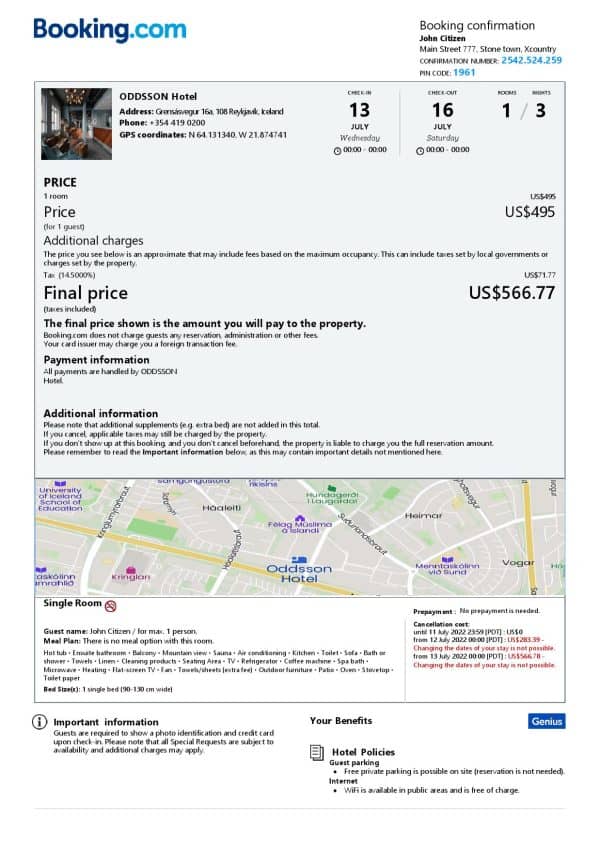 Iceland hotel booking confirmation Word and PDF template, 2 pages