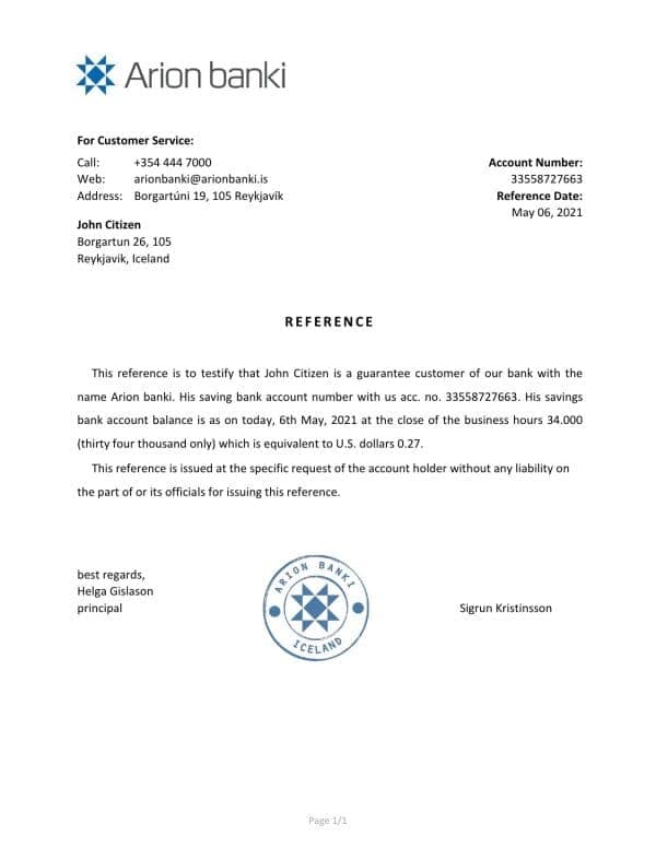 Iceland Arion bank reference letter template in Word and PDF format