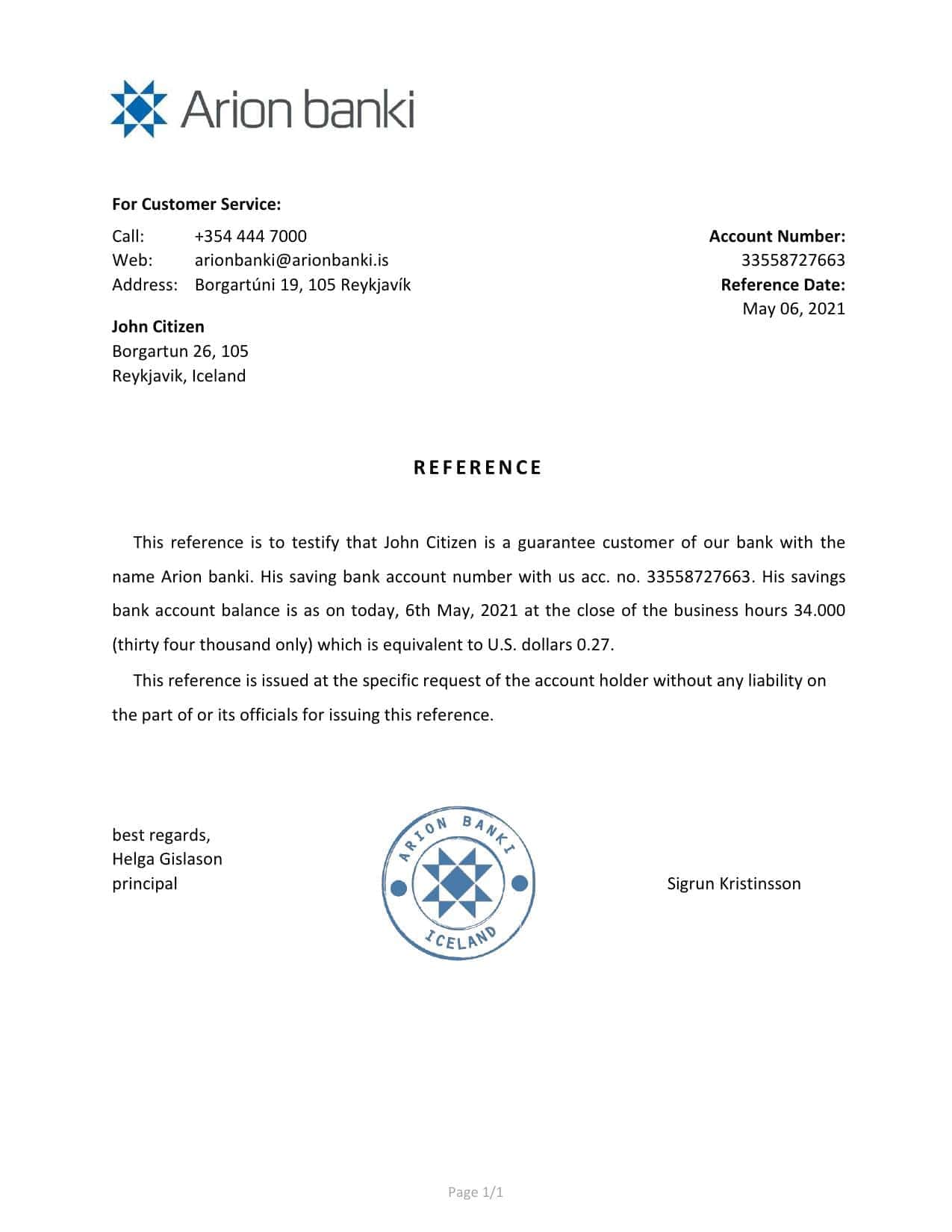 Iceland Arion bank reference letter template in Word and PDF format Iceland Arion bank reference letter template in Word and PDF format