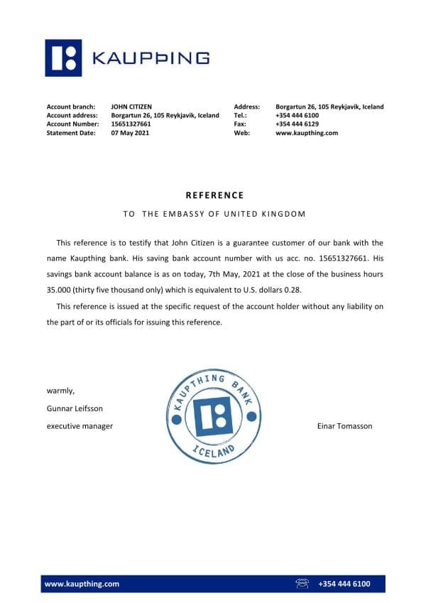 Iceland Kaupthing bank reference letter template in Word and PDF format