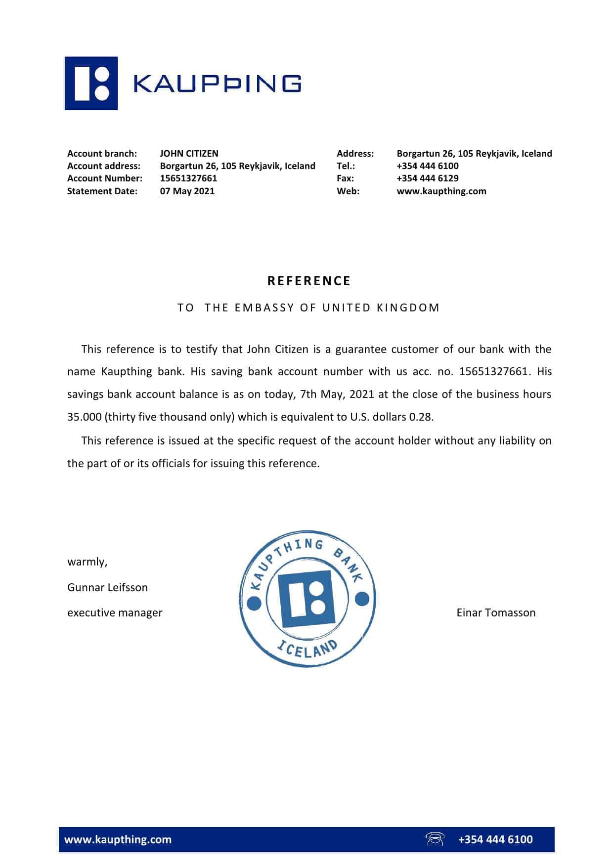 Iceland Kaupthing bank reference letter template in Word and PDF format Iceland Kaupthing bank reference letter template in Word and PDF format