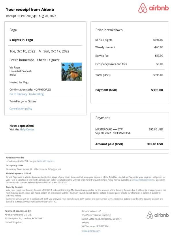 India Airbnb booking confirmation Word and PDF template India Airbnb booking confirmation Word and PDF template