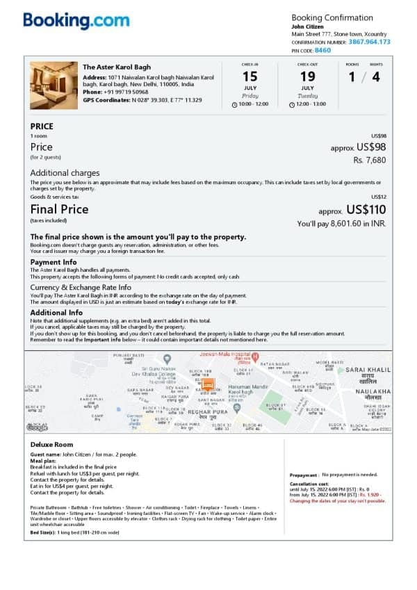 India hotel booking confirmation Word and PDF template, 2 pages