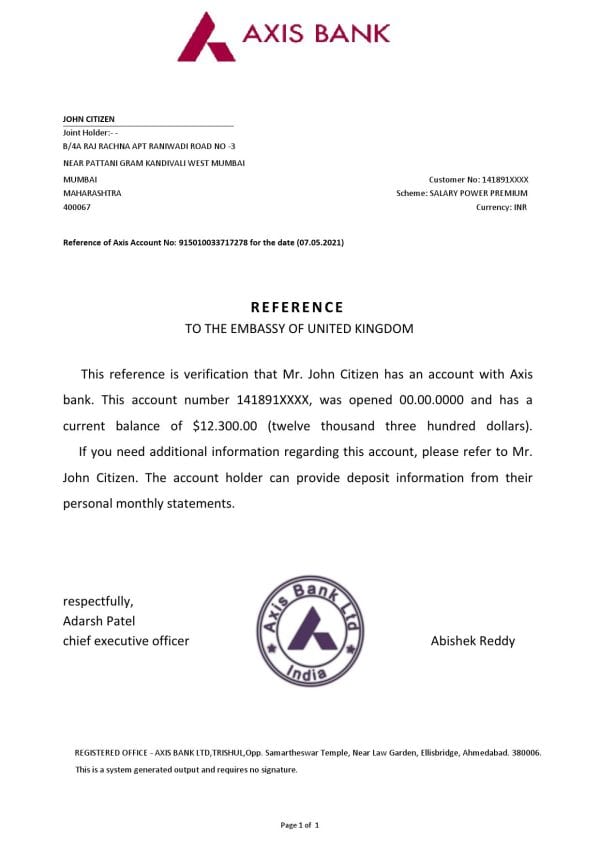 India Axis bank reference letter template in Word and PDF format