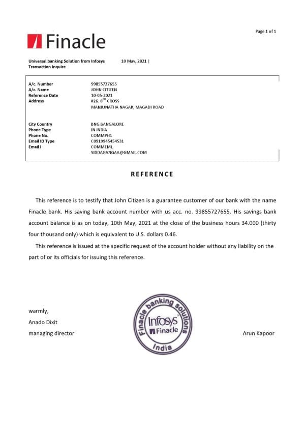 India Finacle bank reference letter template in Word and PDF format