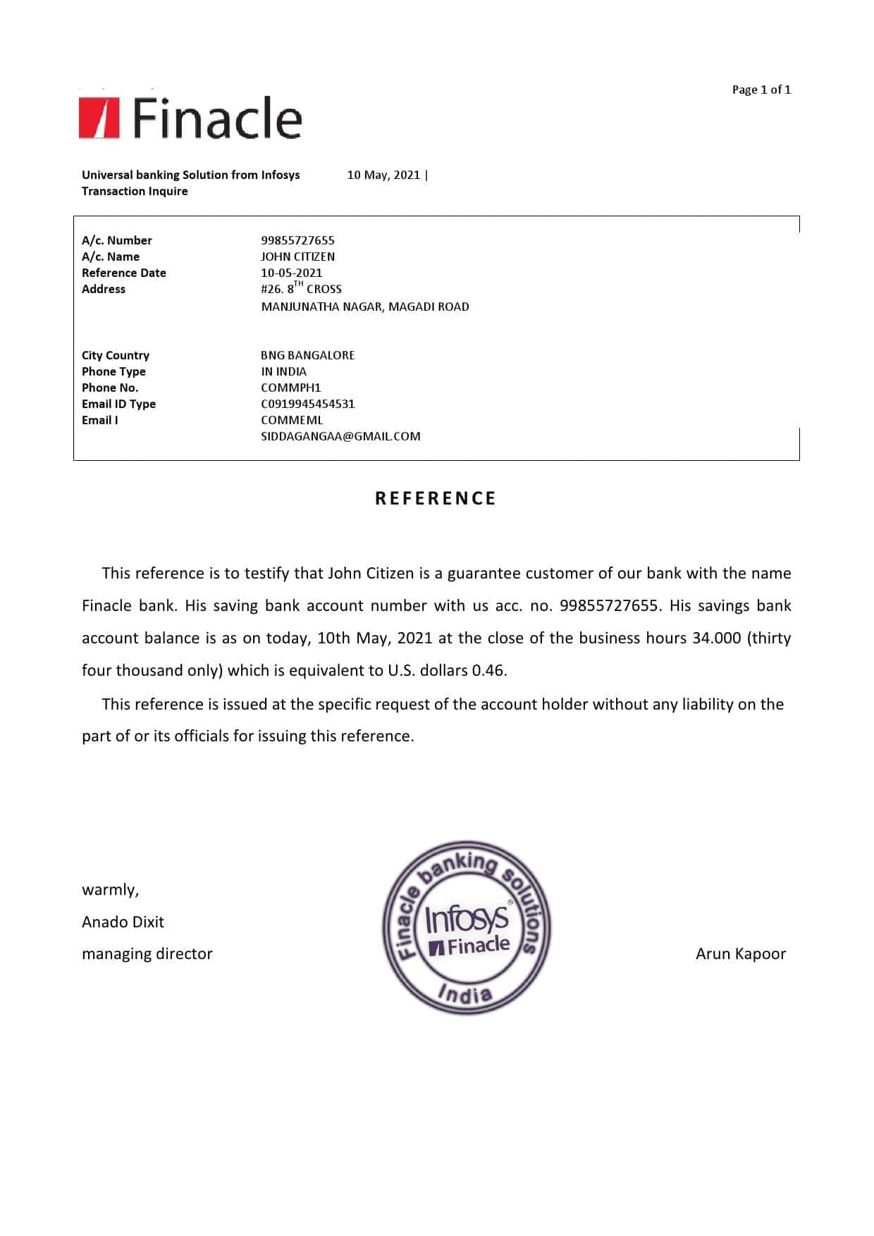 India Finacle bank reference letter template in Word and PDF format India Finacle bank reference letter template in Word and PDF format