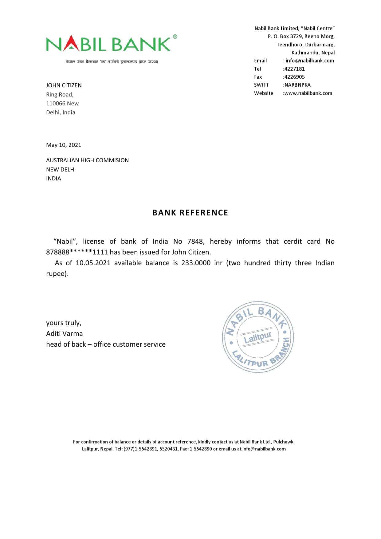 India Nabil bank reference letter template in Word and PDF format India Nabil bank reference letter template in Word and PDF format