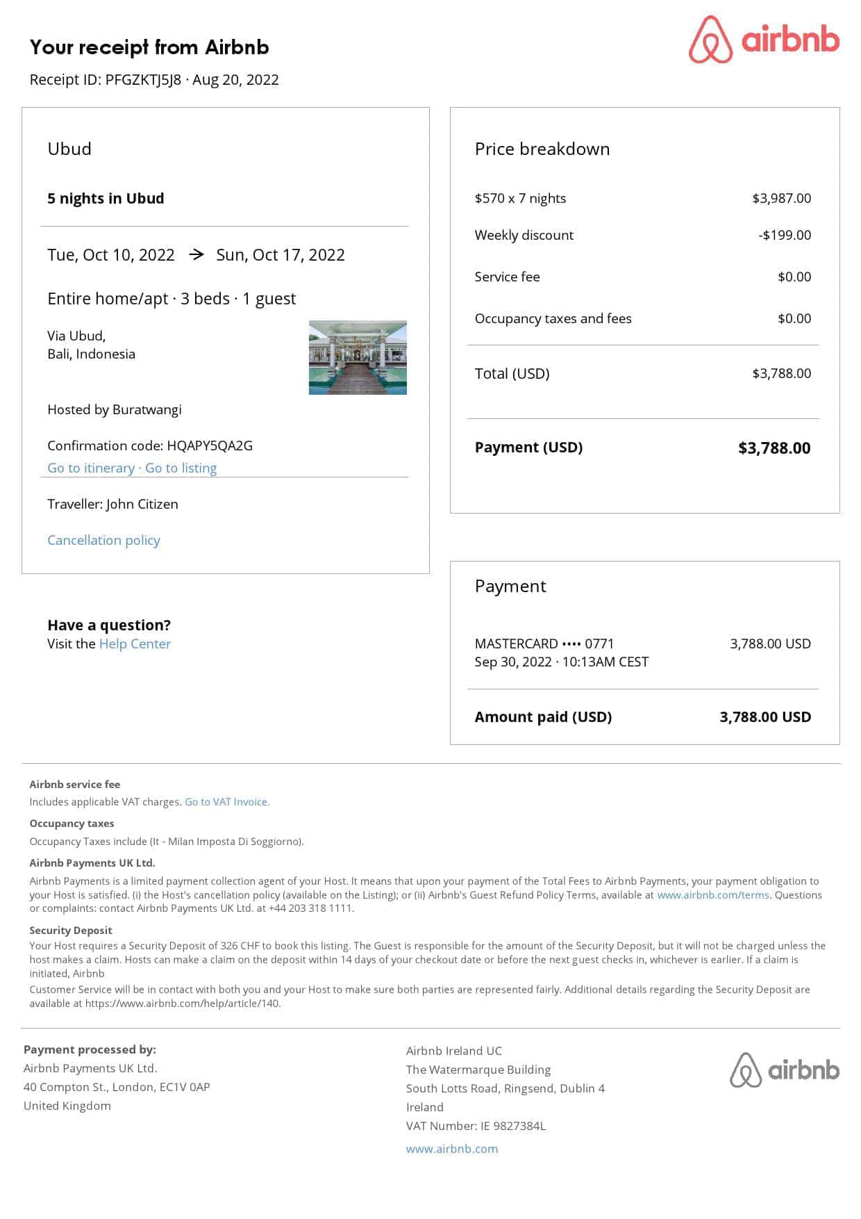 Indonesia Airbnb booking confirmation Word and PDF template Indonesia Airbnb booking confirmation Word and PDF template