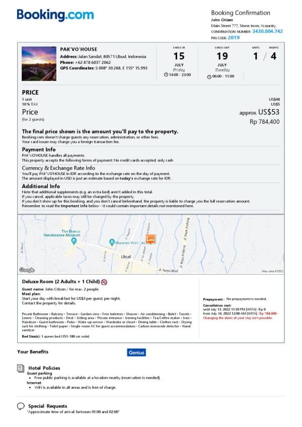 Indonesia hotel booking confirmation Word and PDF template, 2 pages