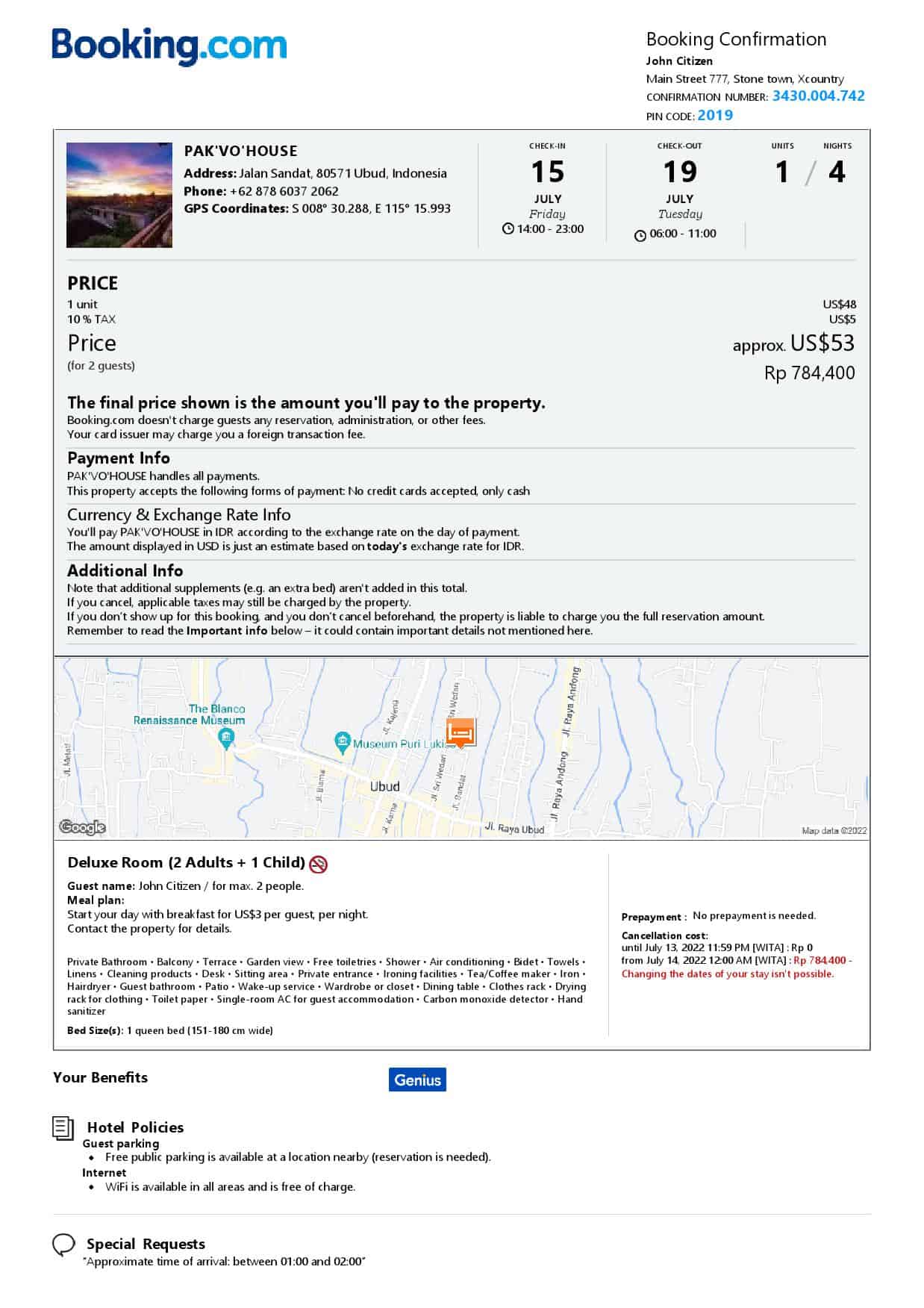 Indonesia hotel booking confirmation Word and PDF template, 2 pages Indonesia hotel booking confirmation Word and PDF template, 2 pages