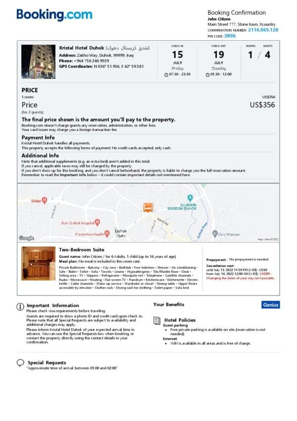 Iraq hotel booking confirmation Word and PDF template, 2 pages