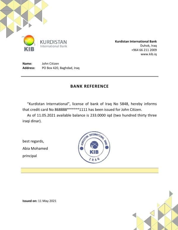 Iraq Kurdistan International bank reference letter template in Word and PDF format Iraq Kurdistan International bank reference letter template in Word and PDF format