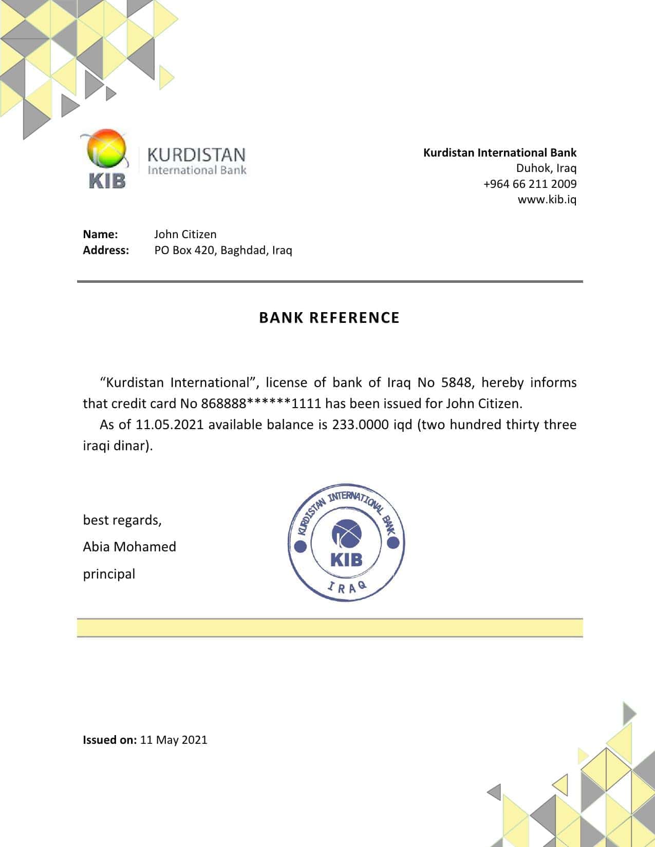 Iraq Kurdistan International bank reference letter template in Word and PDF format Iraq Kurdistan International bank reference letter template in Word and PDF format