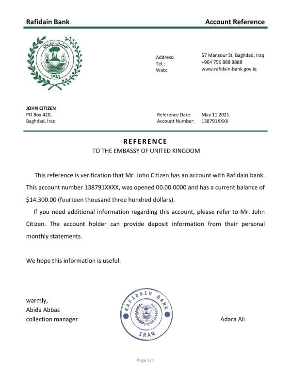 Iraq Rafidain bank account reference letter template in Word and PDF format Iraq Rafidain bank account reference letter template in Word and PDF format