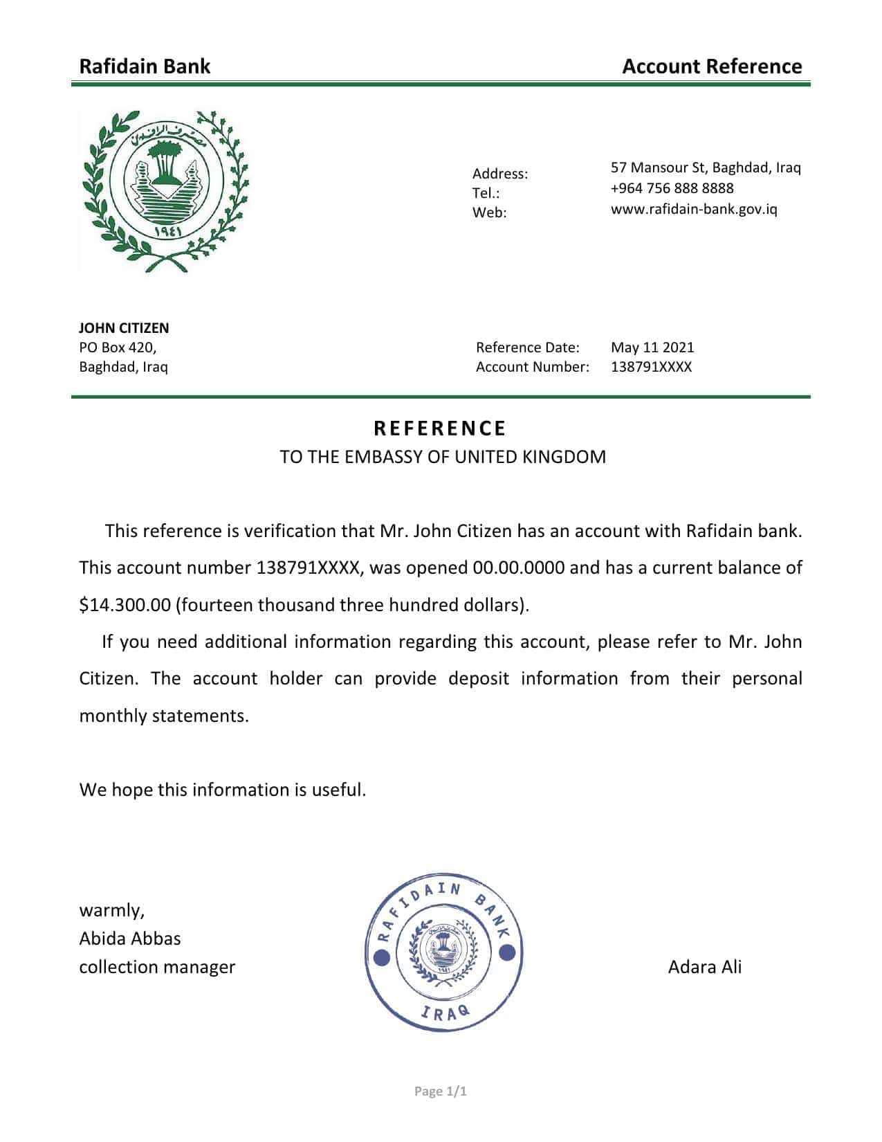 Iraq Rafidain bank account reference letter template in Word and PDF format Iraq Rafidain bank account reference letter template in Word and PDF format