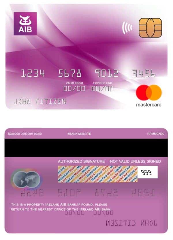 Editable Ireland AIB bank mastercard Templates
