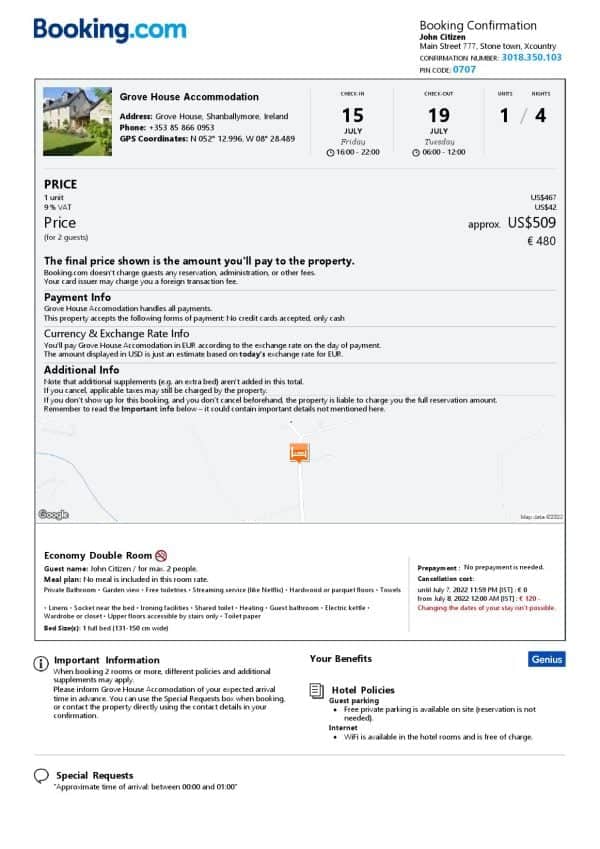 Ireland hotel booking confirmation Word and PDF template, 2 pages