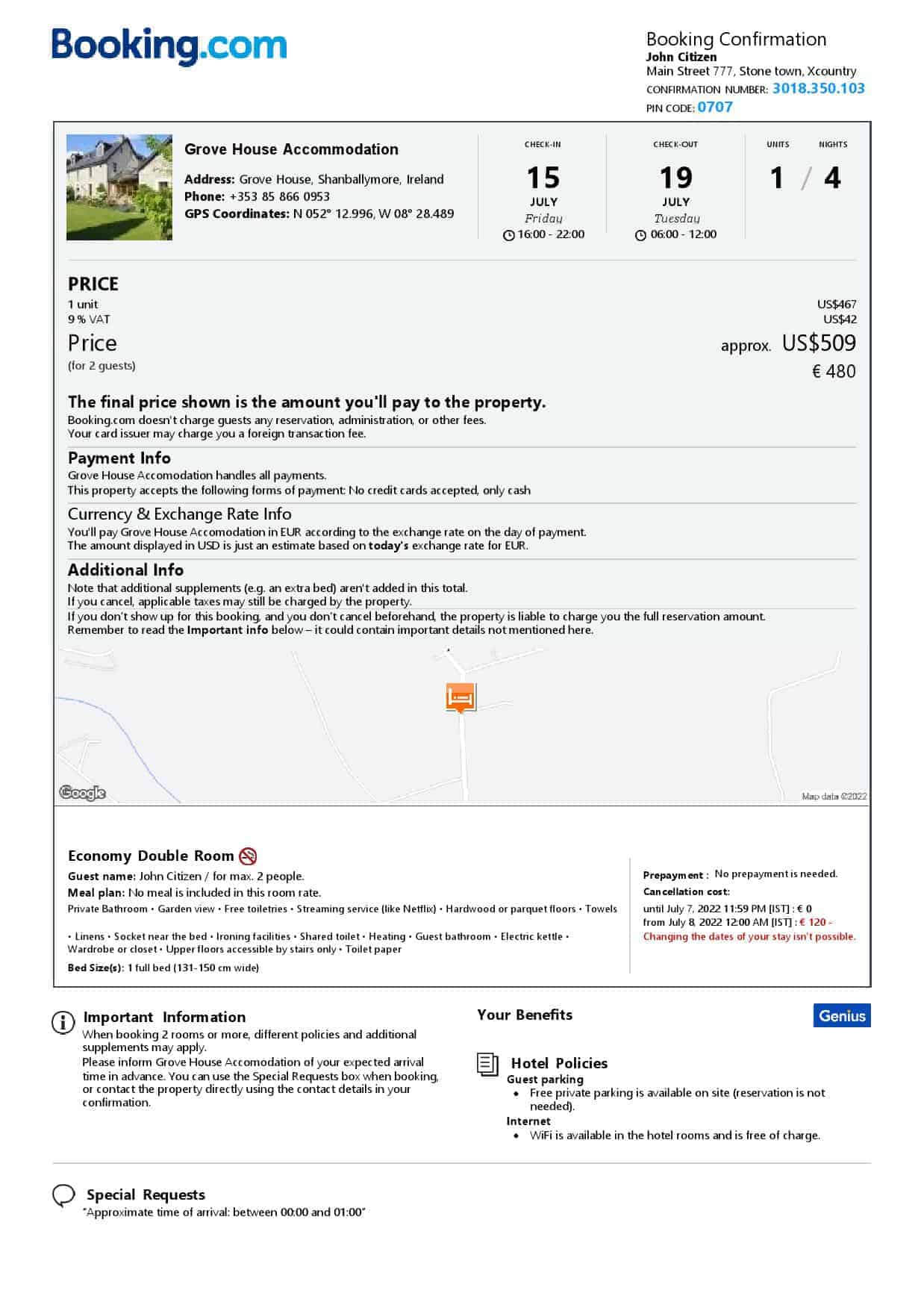 Ireland hotel booking confirmation Word and PDF template, 2 pages Ireland hotel booking confirmation Word and PDF template, 2 pages