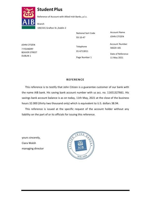 Ireland AIB bank account reference letter template in Word and PDF format Ireland AIB bank account reference letter template in Word and PDF format