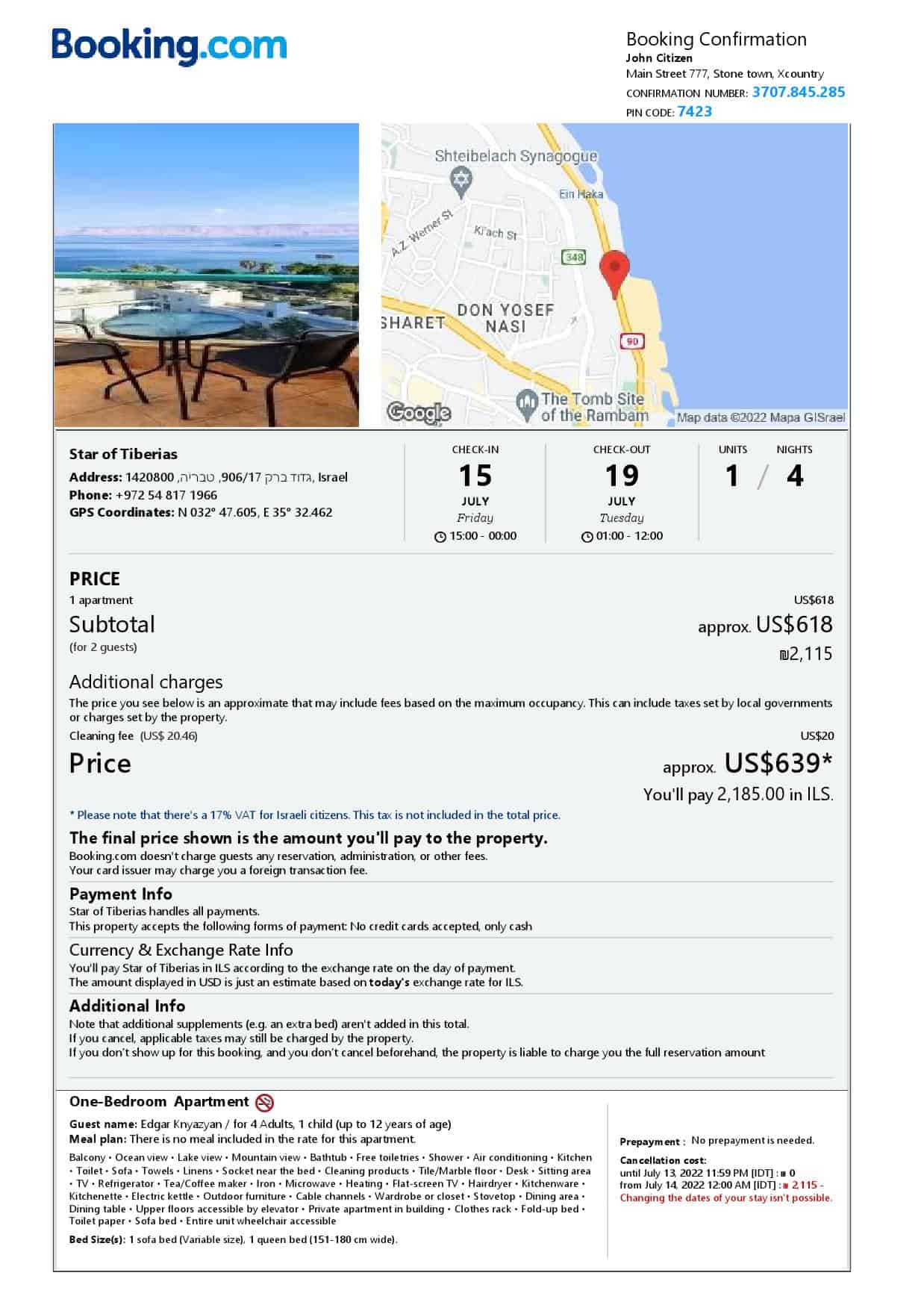 Israel hotel booking confirmation Word and PDF template, 2 pages Israel hotel booking confirmation Word and PDF template, 2 pages