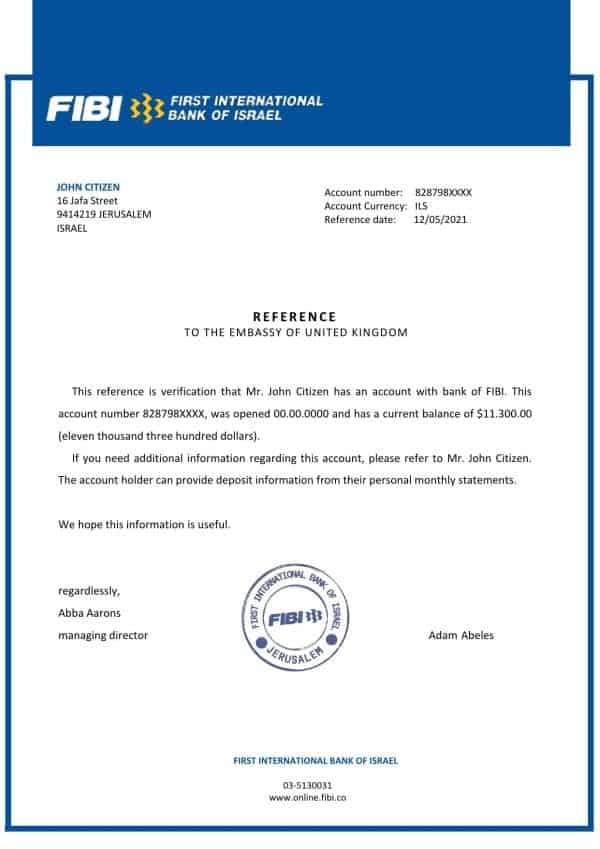 Israel First International Bank of Israel bank account reference letter template in Word and PDF format Israel First International Bank of Israel bank account reference letter template in Word and PDF format