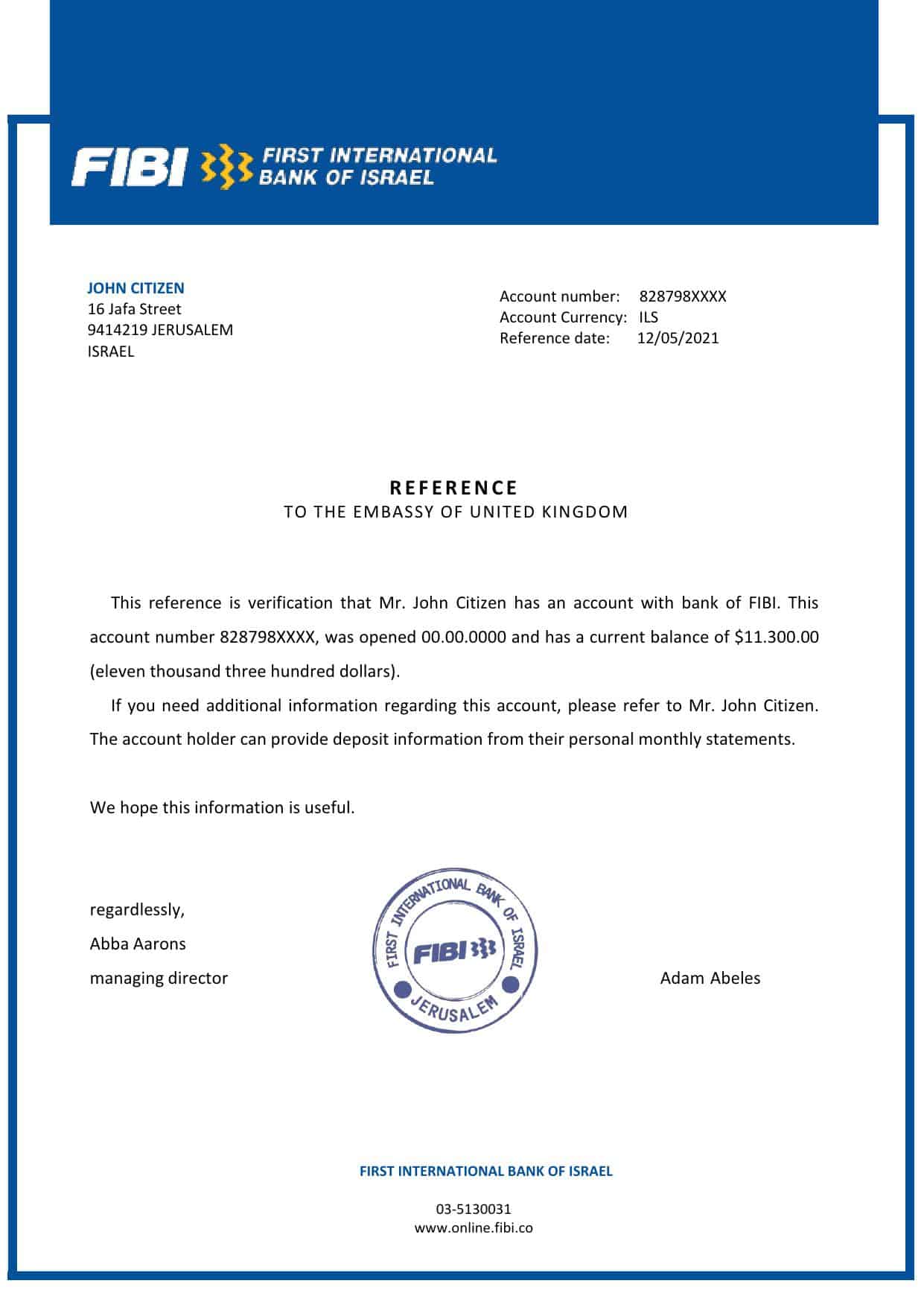 Israel First International Bank of Israel bank account reference letter template in Word and PDF format Israel First International Bank of Israel bank account reference letter template in Word and PDF format