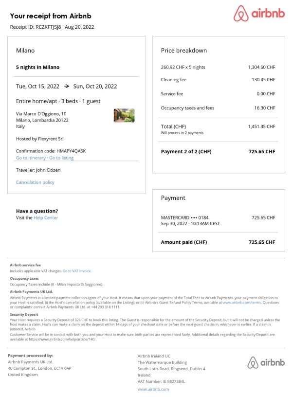 Italy Airbnb booking confirmation Word and PDF template Italy Airbnb booking confirmation Word and PDF template