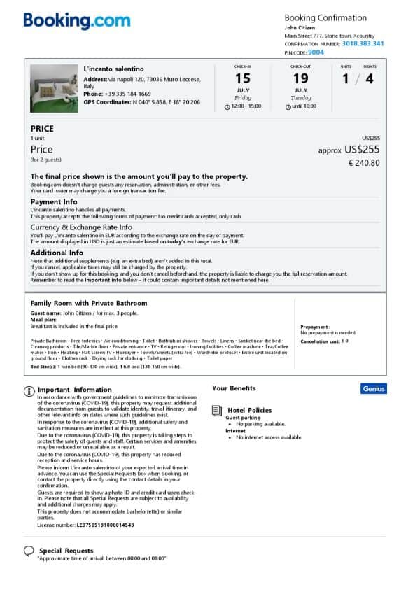 Italy hotel booking confirmation Word and PDF template, 2 pages