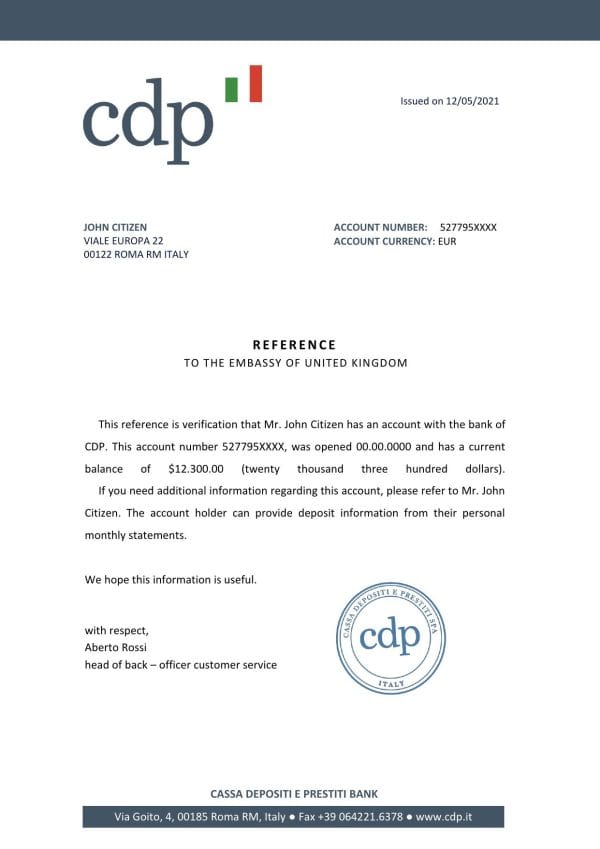 Italy CDP bank account reference letter template in Word and PDF format Italy CDP bank account reference letter template in Word and PDF format