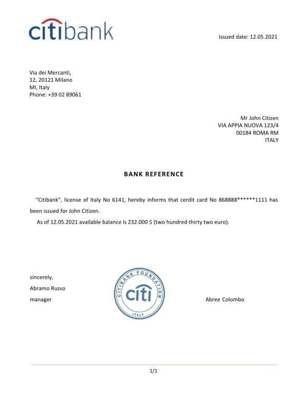 Italy Citibank bank account reference letter template in Word and PDF format Italy Citibank bank account reference letter template in Word and PDF format