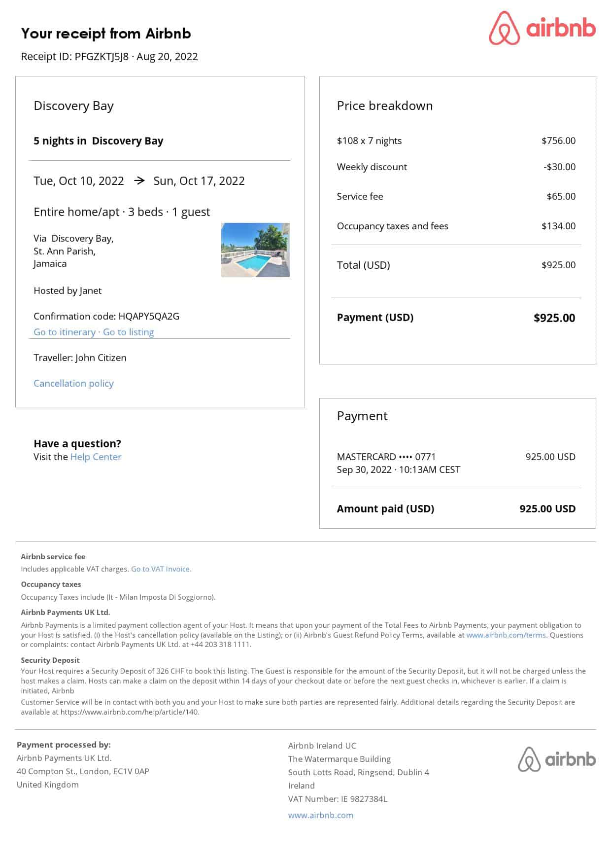 Jamaica Airbnb booking confirmation Word and PDF template Jamaica Airbnb booking confirmation Word and PDF template