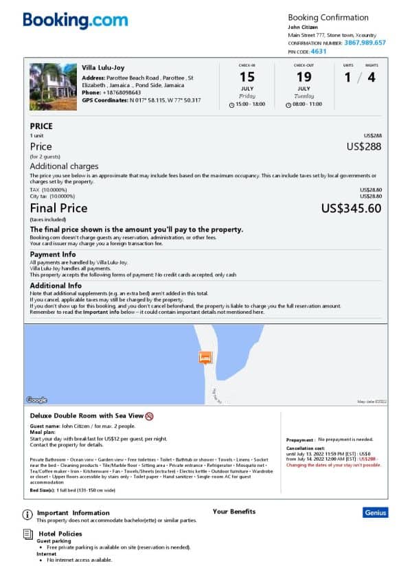 Jamaica hotel booking confirmation Word and PDF template, 2 pages