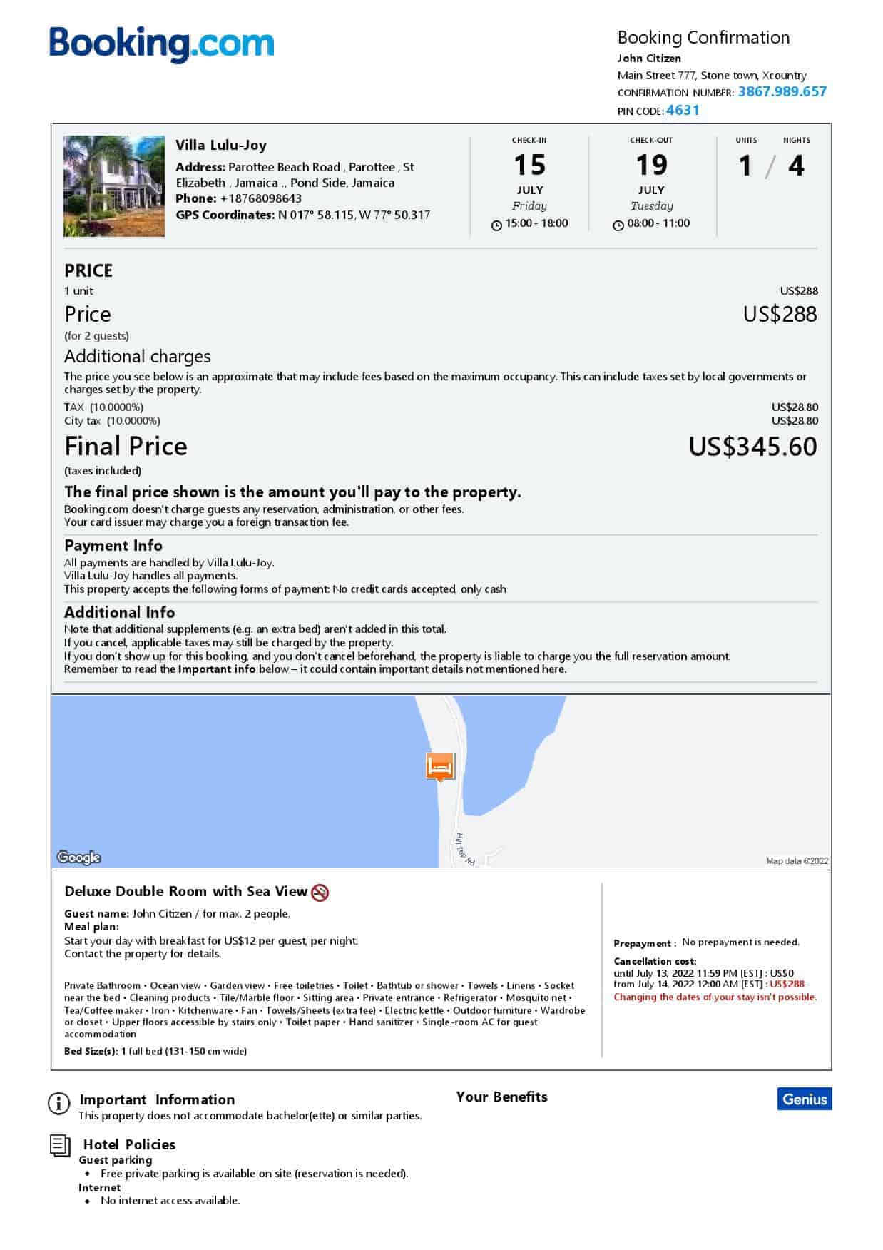 Jamaica hotel booking confirmation Word and PDF template, 2 pages Jamaica hotel booking confirmation Word and PDF template, 2 pages