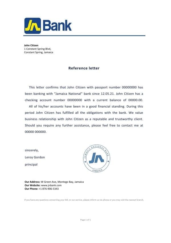 Jamaica National bank account reference letter template in Word and PDF format Jamaica National bank account reference letter template in Word and PDF format