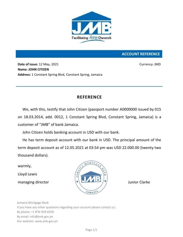 Jamaica Mortgage bank account reference letter template in Word and PDF format Jamaica Mortgage bank account reference letter template in Word and PDF format