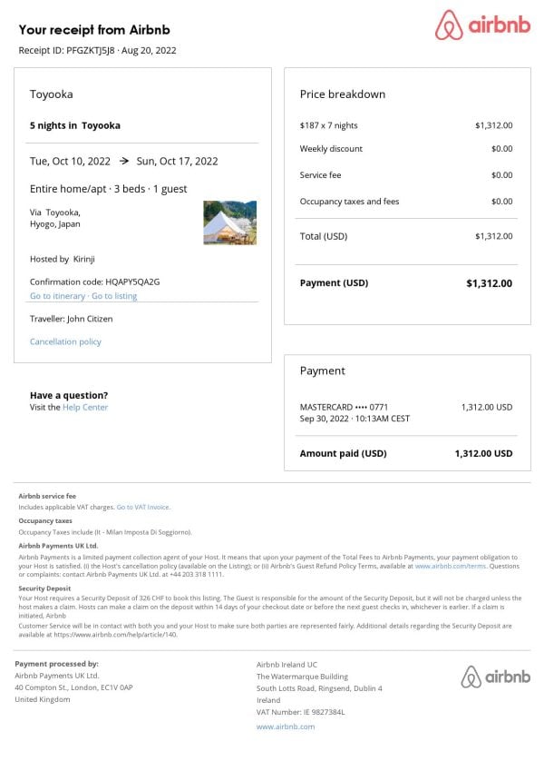 Japan Airbnb booking confirmation Word and PDF template Japan Airbnb booking confirmation Word and PDF template