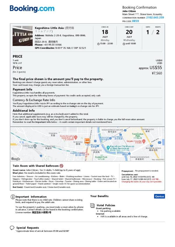 Japan hotel booking confirmation Word and PDF template, 2 pages