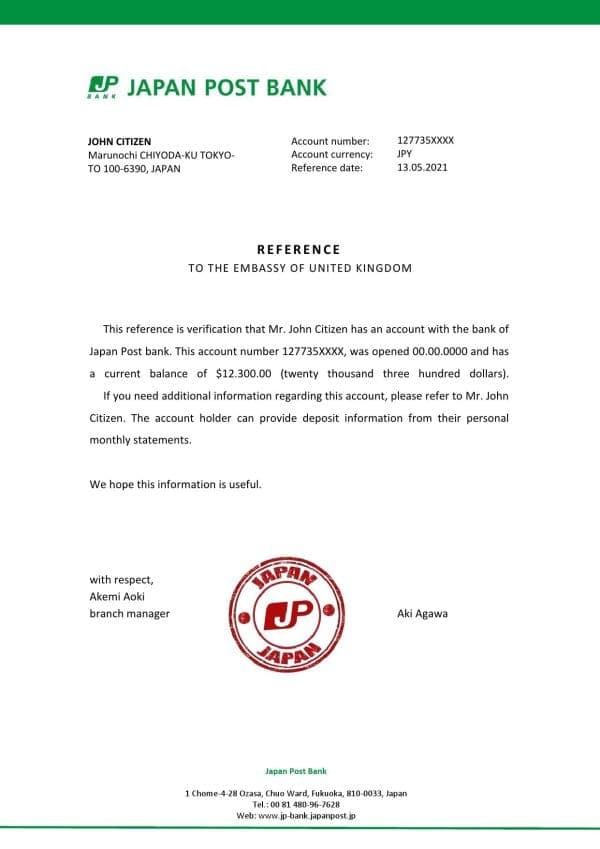 Japan Post bank account reference letter template in Word and PDF format Japan Post bank account reference letter template in Word and PDF format