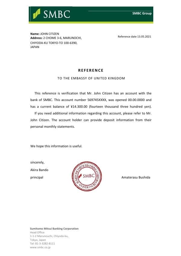 Japan SMBC bank account reference letter template in Word and PDF format Japan SMBC bank account reference letter template in Word and PDF format