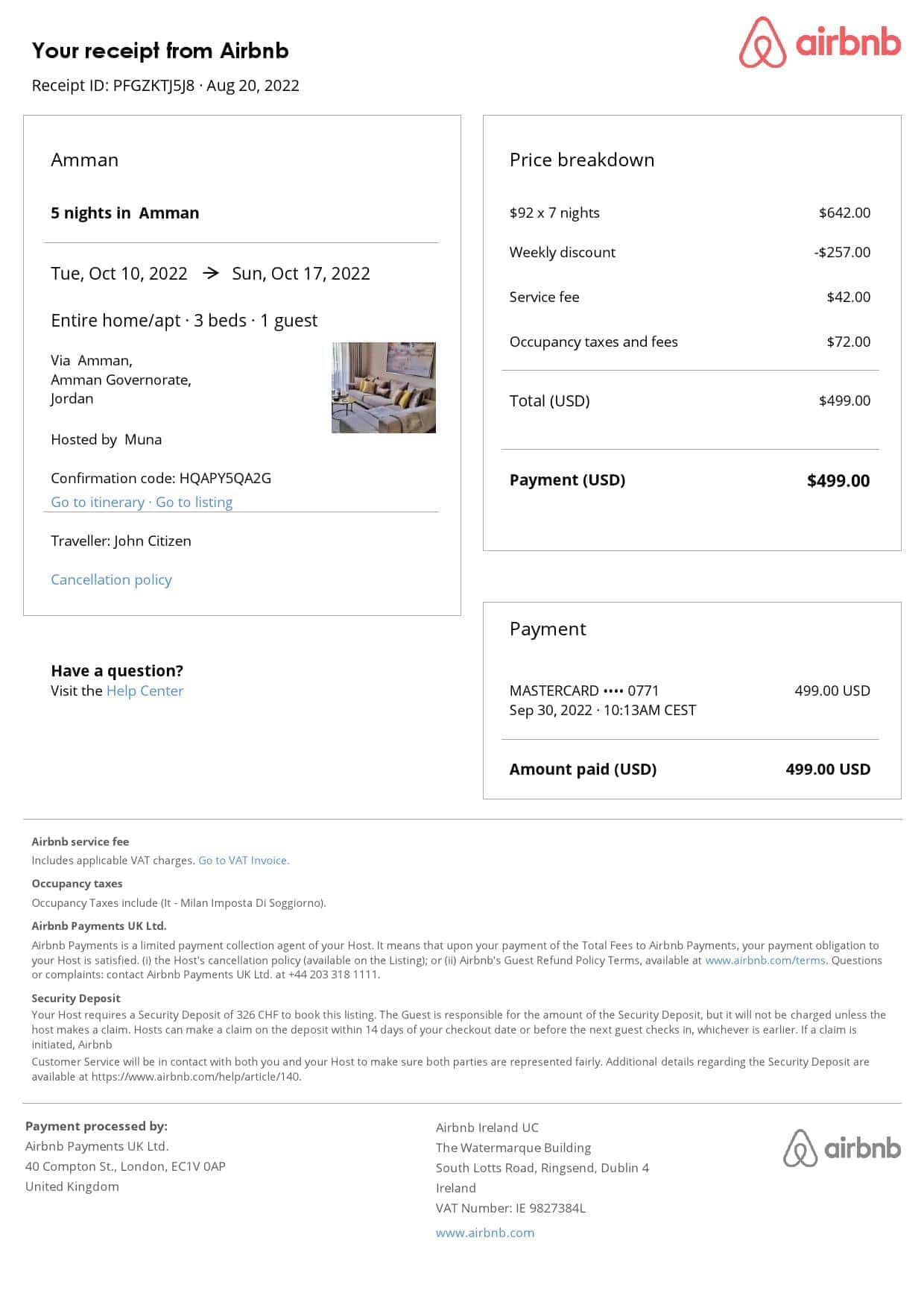 Jordan Airbnb booking confirmation Word and PDF template Jordan Airbnb booking confirmation Word and PDF template