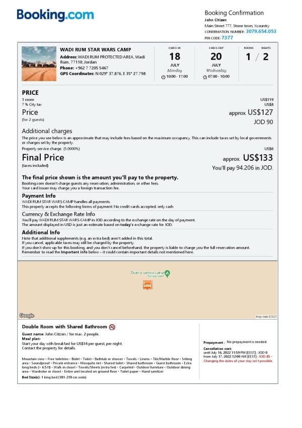 Jordan hotel booking confirmation Word and PDF template, 2 pages