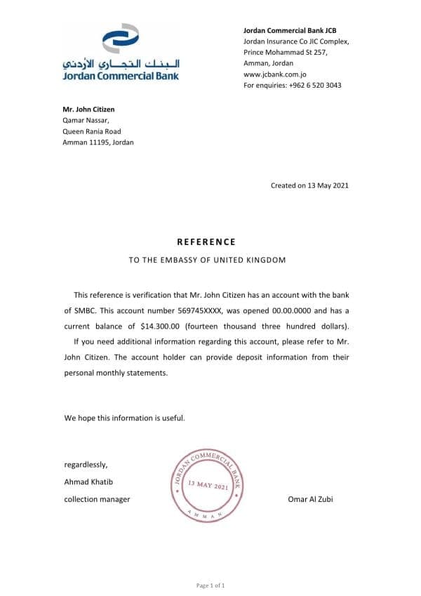 Jordan Commercial bank account reference letter template in Word and PDF format Jordan Commercial bank account reference letter template in Word and PDF format