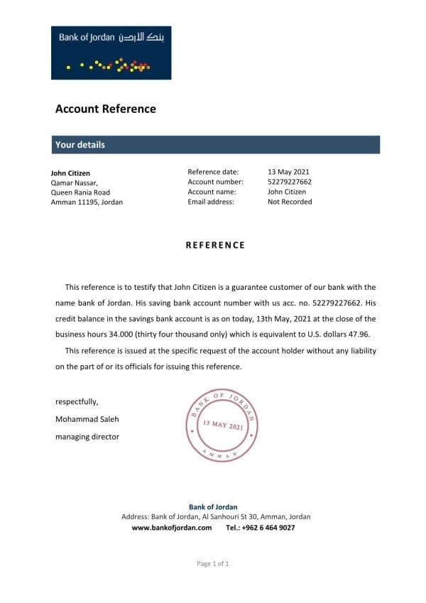Jordan Bank of Jordan bank account reference letter template in Word and PDF format Jordan Bank of Jordan bank account reference letter template in Word and PDF format