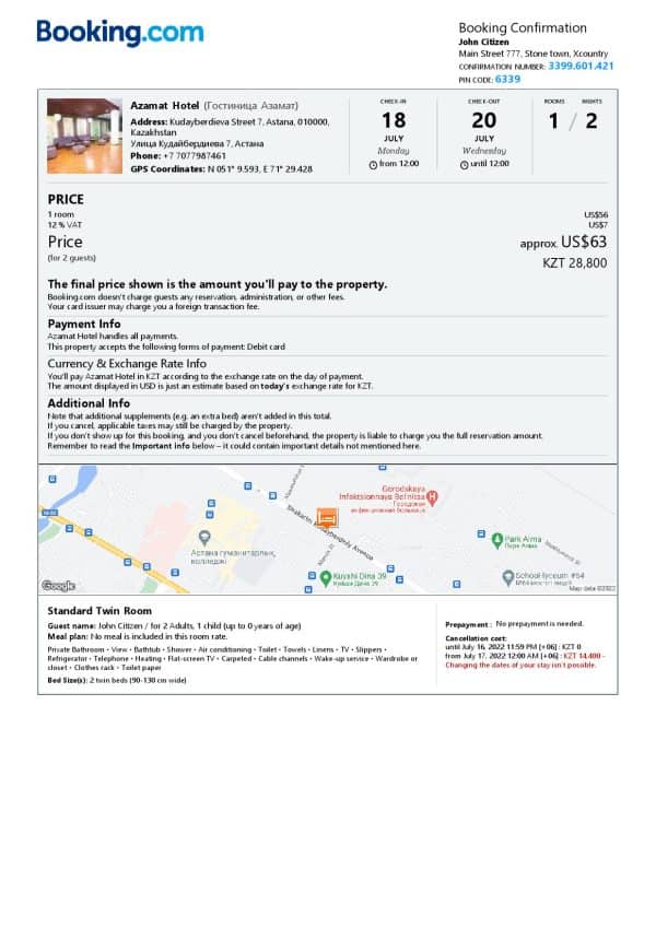 Kazakhstan hotel booking confirmation Word and PDF template, 2 pages