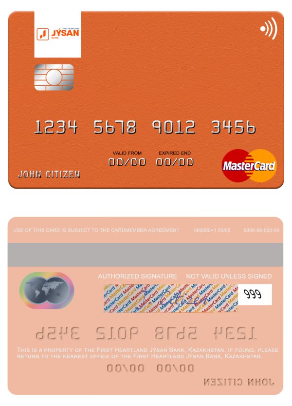 Editable Kazakhstan First Heartland Jýsan Bank mastercard Templates