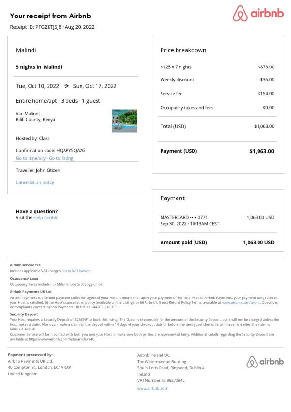 Kenya Airbnb booking confirmation Word and PDF template Kenya Airbnb booking confirmation Word and PDF template
