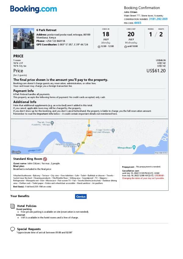 Kenya hotel booking confirmation Word and PDF template, 2 pages