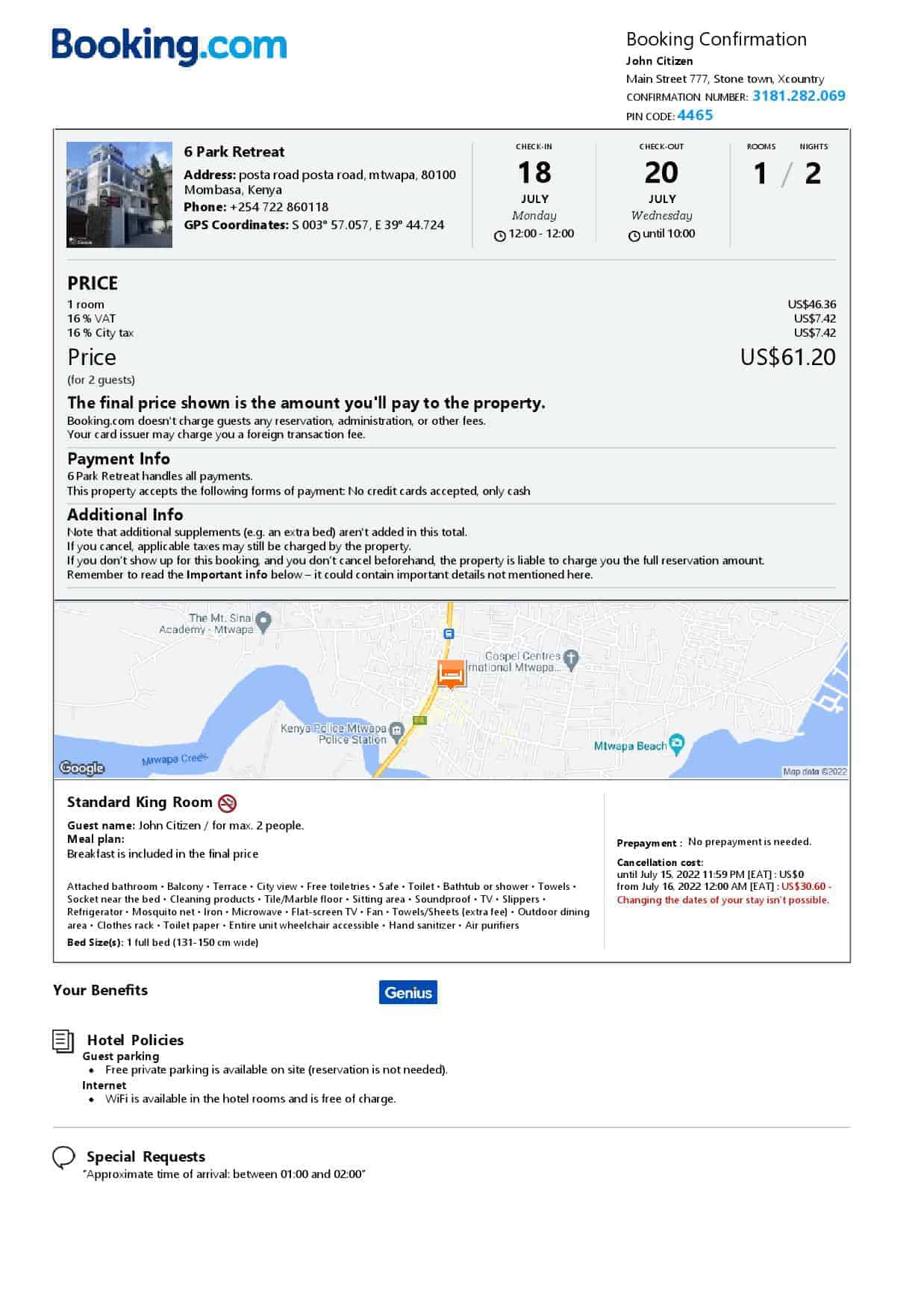 Kenya hotel booking confirmation Word and PDF template, 2 pages Kenya hotel booking confirmation Word and PDF template, 2 pages